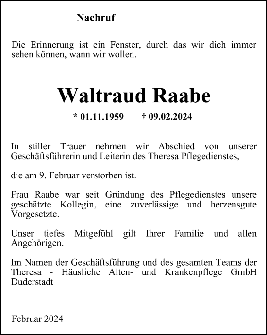 Traueranzeige von Waltraud Raabe von Thüringer Allgemeine