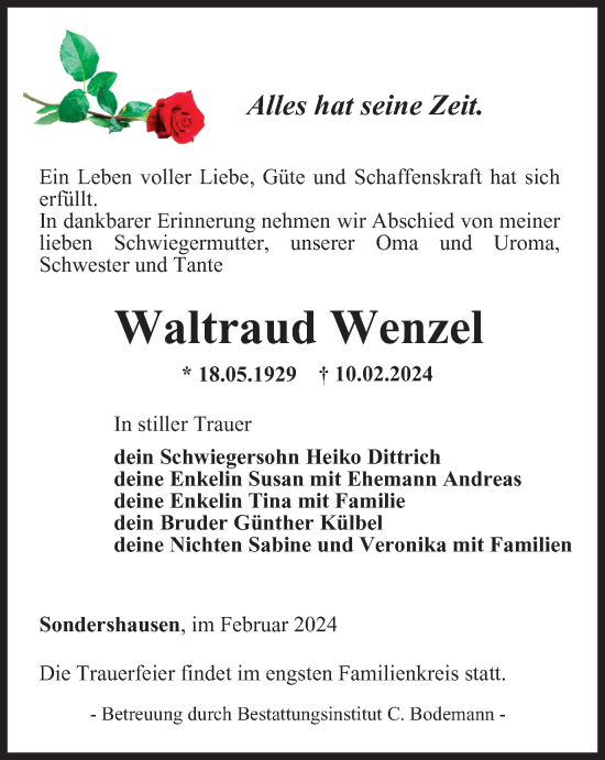 Traueranzeige von Waltraud Wenzel