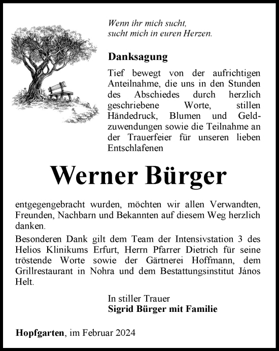 Traueranzeige von Werner Bürger von Thüringer Allgemeine, Thüringische Landeszeitung