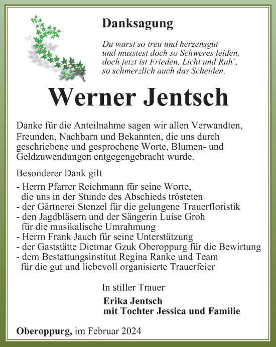 Traueranzeige von Werner Jentsch von Ostthüringer Zeitung