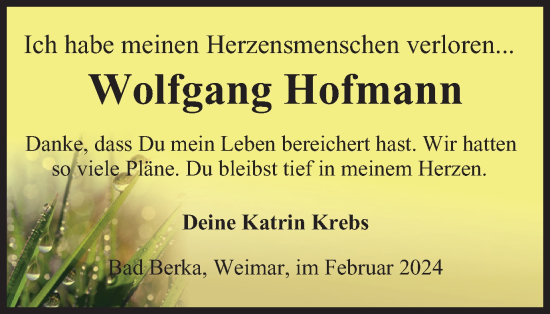 Traueranzeige von Wolfgang Hofmann von Thüringer Allgemeine, Thüringische Landeszeitung