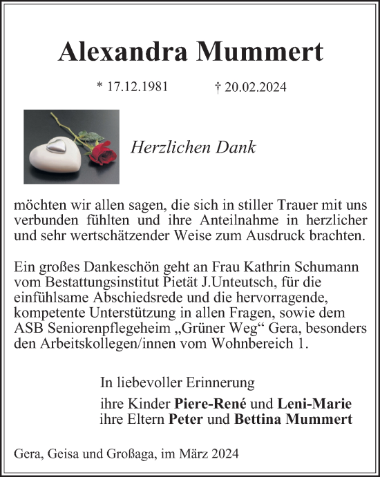 Traueranzeige von Alexandra Mummert von Ostthüringer Zeitung