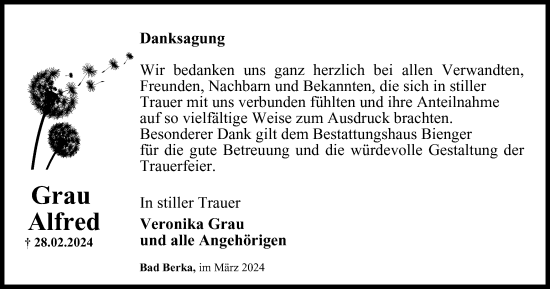 Traueranzeige von Alfred Grau von Thüringer Allgemeine, Thüringische Landeszeitung