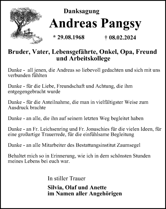 Traueranzeige von Andreas Pangsy von Ostthüringer Zeitung