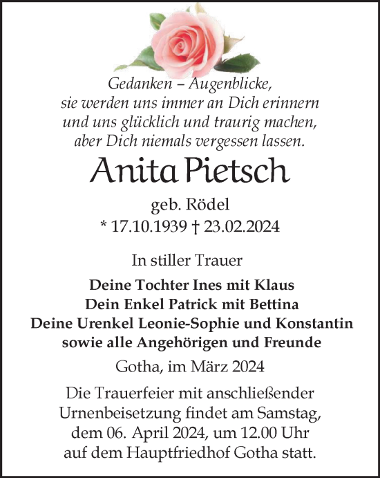 Traueranzeige von Anita Pietsch von Thüringer Allgemeine, Thüringische Landeszeitung
