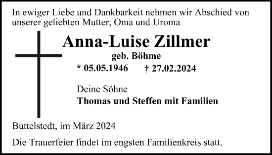 Traueranzeigen von AnnaLuise Zillmer trauerinthueringen.de