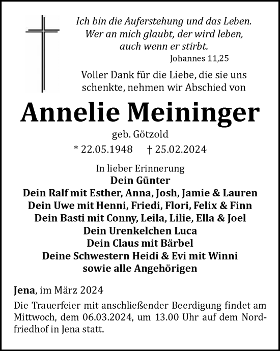 Traueranzeige von Annelie Meininger von Ostthüringer Zeitung, Thüringische Landeszeitung