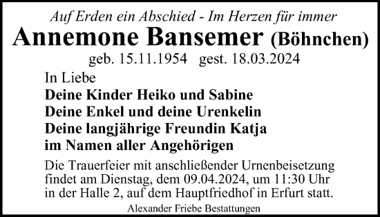 Traueranzeige von Annemone Bansemer von Thüringer Allgemeine, Thüringische Landeszeitung