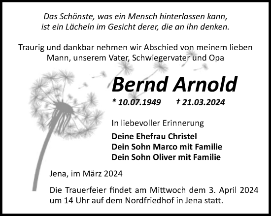 Traueranzeige von Bernd Arnold von Ostthüringer Zeitung, Thüringische Landeszeitung