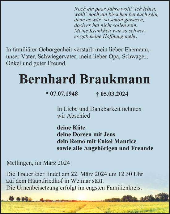 Traueranzeige von Bernhard Braukmann von Thüringer Allgemeine, Thüringische Landeszeitung