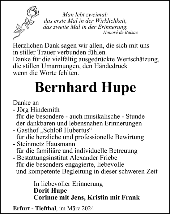 Traueranzeige von Bernhard Hupe