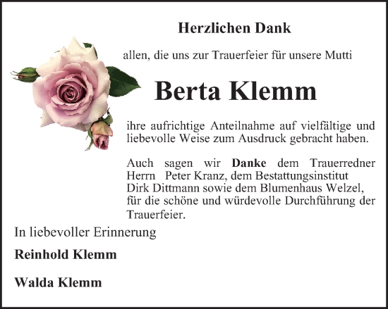 Traueranzeige von Berta Klemm von Thüringer Allgemeine, Thüringische Landeszeitung