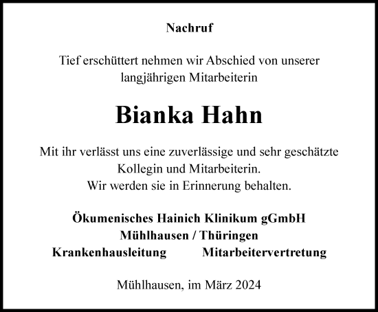 Traueranzeige von Bianka Hahn von Thüringer Allgemeine, Thüringische Landeszeitung