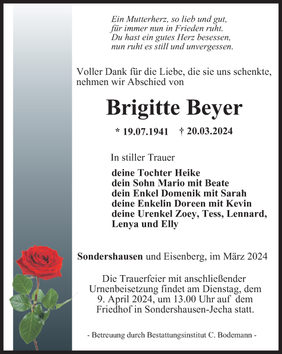 Traueranzeige von Brigitte Beyer von Thüringer Allgemeine