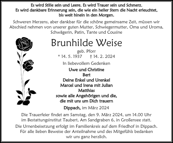 Traueranzeige von Brunhilde Weise von Thüringer Allgemeine, Thüringische Landeszeitung