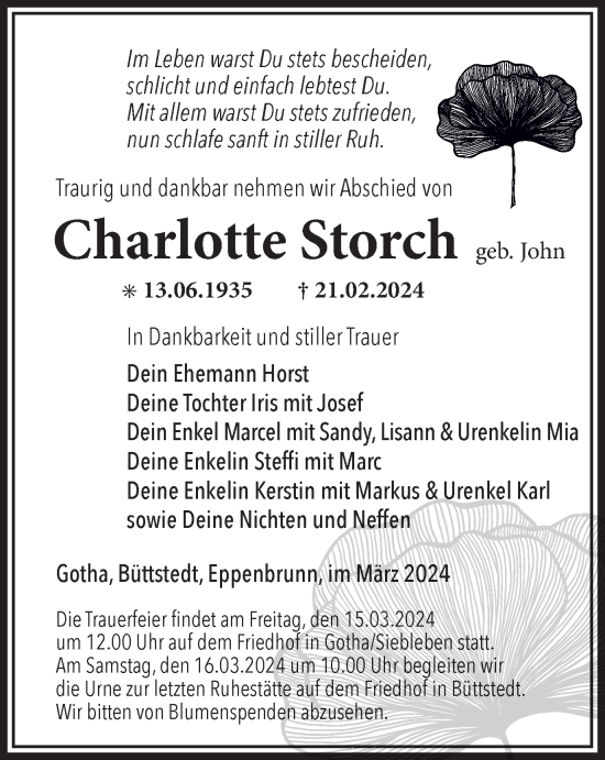 Traueranzeige von Charlotte Storch von Thüringer Allgemeine, Thüringische Landeszeitung