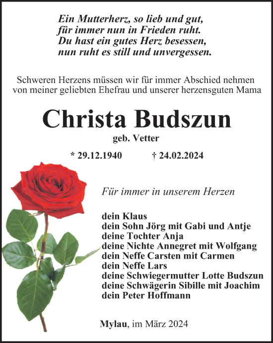 Traueranzeige von Christa Budszun von Ostthüringer Zeitung