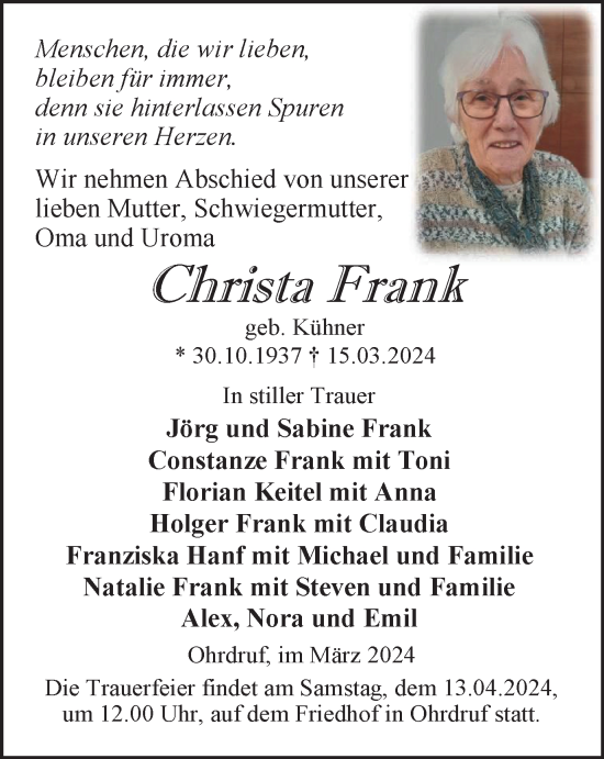 Traueranzeige von Christa Frank von Thüringer Allgemeine, Thüringische Landeszeitung
