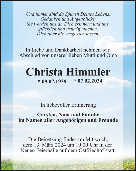 Traueranzeige von Christa Himmler von Ostthüringer Zeitung