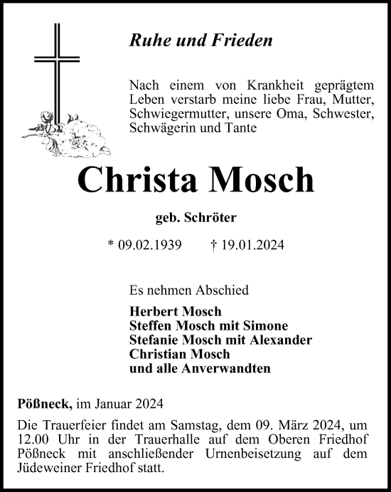 Traueranzeige von Christa Mosch von Ostthüringer Zeitung