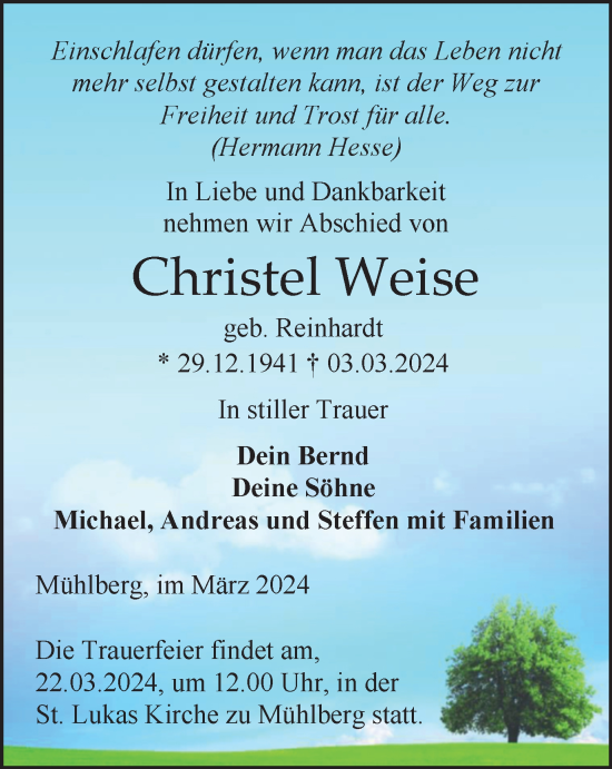 Traueranzeige von Christel Weise von Thüringer Allgemeine, Thüringische Landeszeitung