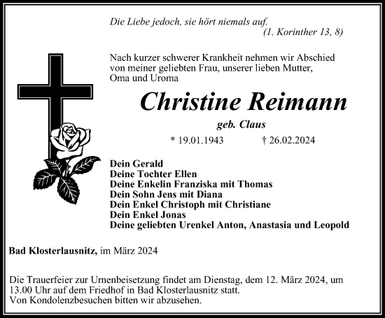 Traueranzeige von Christine Reimann von Ostthüringer Zeitung