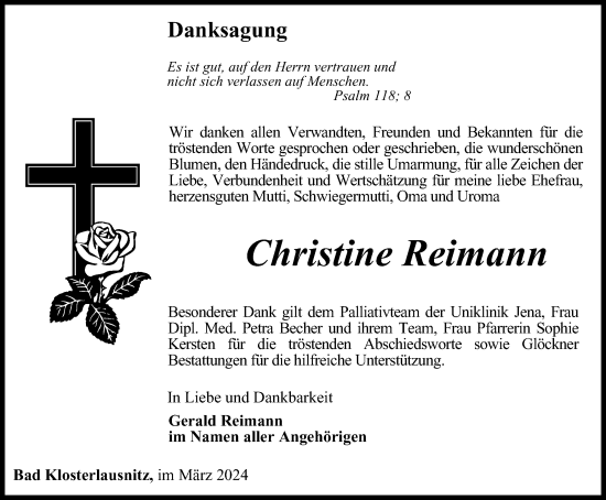 Traueranzeige von Christine Reimann von Ostthüringer Zeitung