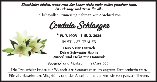 Traueranzeige von Cordula Schlaeger von Thüringer Allgemeine, Thüringische Landeszeitung