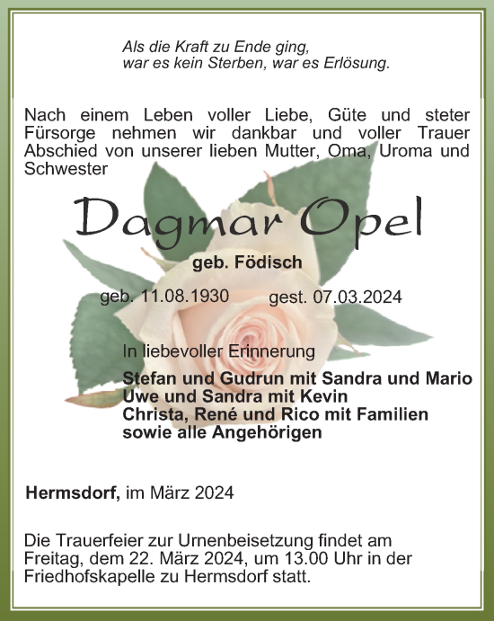 Traueranzeige von Dagmar Opel von Ostthüringer Zeitung