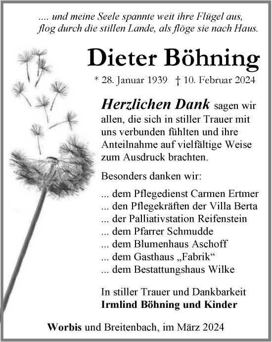 Traueranzeige von Dieter Böhning von Thüringer Allgemeine