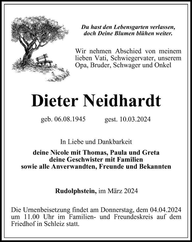  Traueranzeige für Dieter Neidhardt vom 15.03.2024 aus Ostthüringer Zeitung