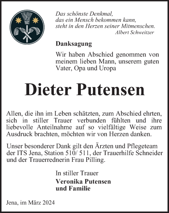 Traueranzeige von Dieter Putensen von Ostthüringer Zeitung, Thüringische Landeszeitung