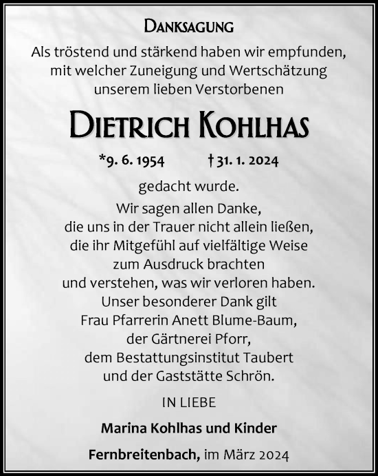 Traueranzeige von Dietrich Kohlhas von Thüringer Allgemeine, Thüringische Landeszeitung