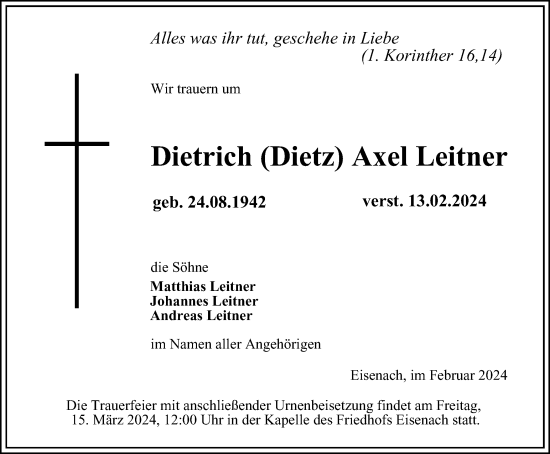 Traueranzeige von Dietrich Axel Leitner von Thüringer Allgemeine, Thüringische Landeszeitung