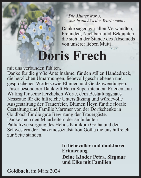 Traueranzeige von Doris Frech von Thüringer Allgemeine, Thüringische Landeszeitung