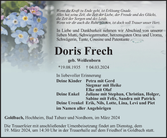 Traueranzeige von Doris Frech von Thüringer Allgemeine, Thüringische Landeszeitung