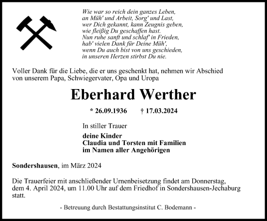 Traueranzeige von Eberhard Werther von Thüringer Allgemeine