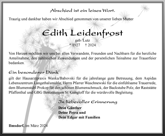 Traueranzeige von Edith Leidenfrost von Ostthüringer Zeitung
