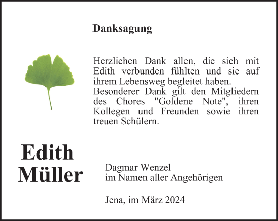 Traueranzeige von Edith Müller von Ostthüringer Zeitung, Thüringische Landeszeitung