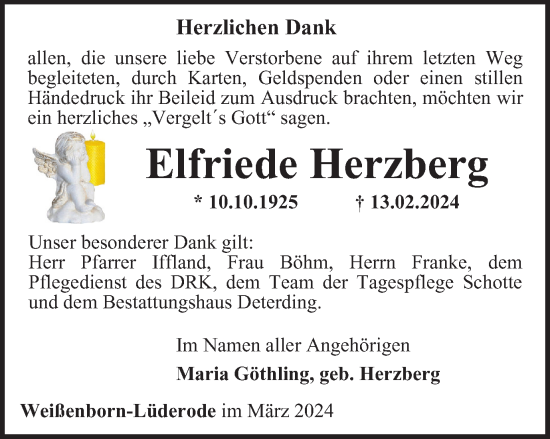 Traueranzeige von Elfriede Herzberg von Thüringer Allgemeine