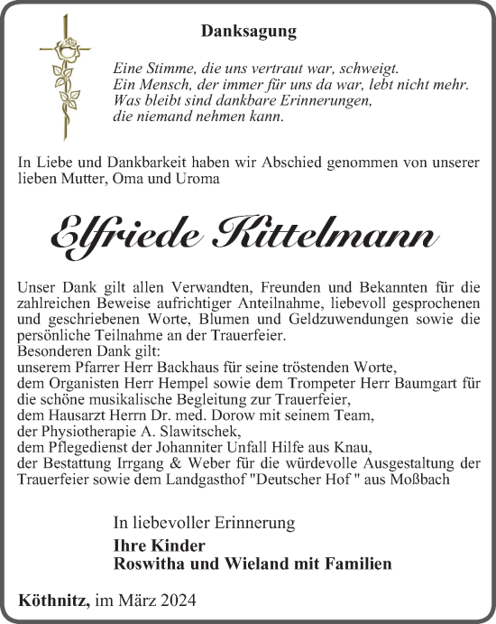 Traueranzeige von Elfriede Kittelmann von Ostthüringer Zeitung