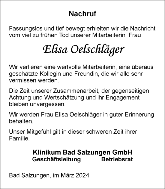 Traueranzeige von Elisa Oelschläger von Thüringer Allgemeine, Thüringische Landeszeitung