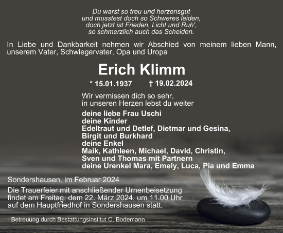 Traueranzeige von Erich Klimm von Thüringer Allgemeine