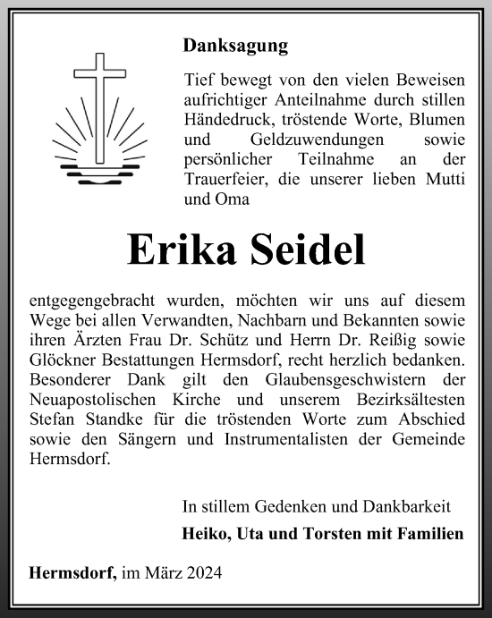 Traueranzeige von Erika Seidel von Ostthüringer Zeitung