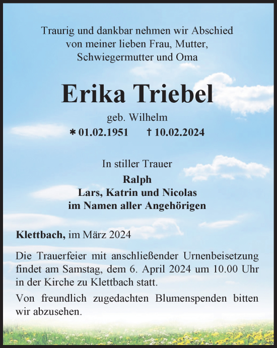 Traueranzeige von Erika Triebel von Thüringer Allgemeine, Thüringische Landeszeitung