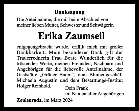 Traueranzeige von Erika Zaumseil von Ostthüringer Zeitung