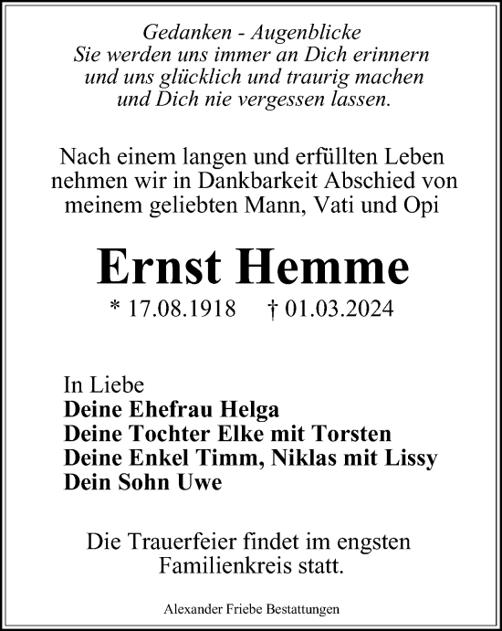 Traueranzeige von Ernst Hemme von Thüringer Allgemeine, Thüringische Landeszeitung