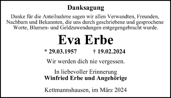 Traueranzeige von Eva Erbe von Thüringer Allgemeine
