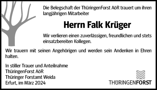 Traueranzeige von Falk Krüger von Ostthüringer Zeitung