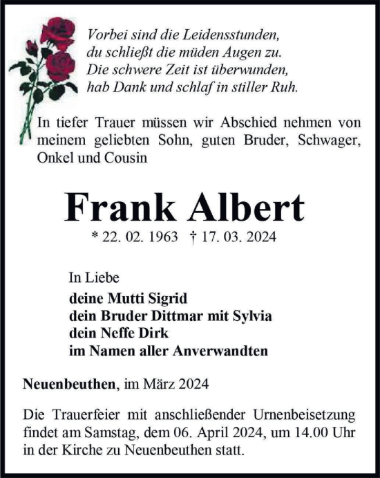 Traueranzeige von Frank Albert von Ostthüringer Zeitung